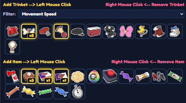 Trinket and item selection interface
